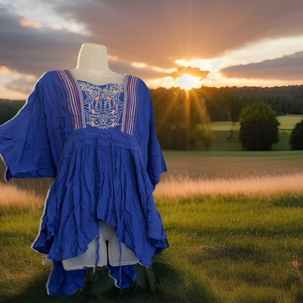 Entro Royal Blue Embroidered Open Back Tunic Blouse Size L